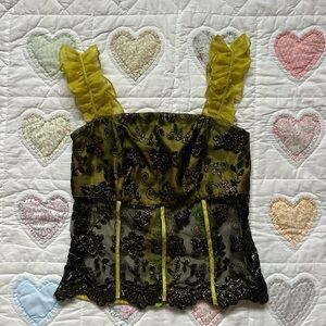 Fairy Core green ruffle Y2K Euro Summer Sheer Lace Whimsy Goth Embroidered Top S